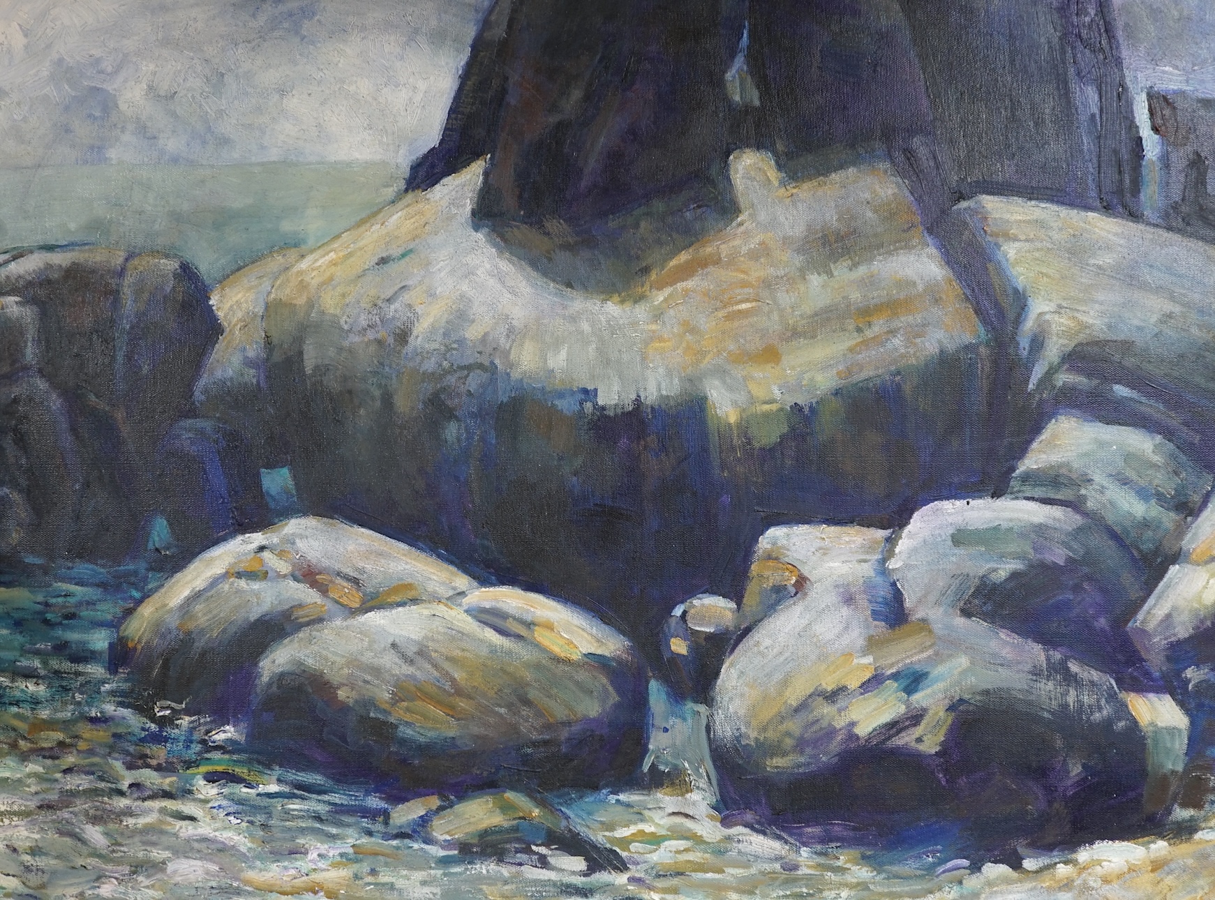 John Speirs, oil on canvas, Rocky coastal view, signed and dated ‘09 verso, 60 x 80cm, unframed. Condition - good